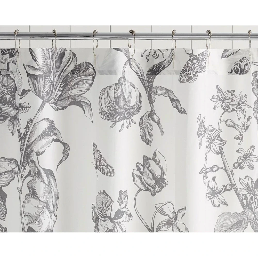 Pottery Barn Grey White Floral Botanical Butterfly Shower Curtain 72x72 NEW